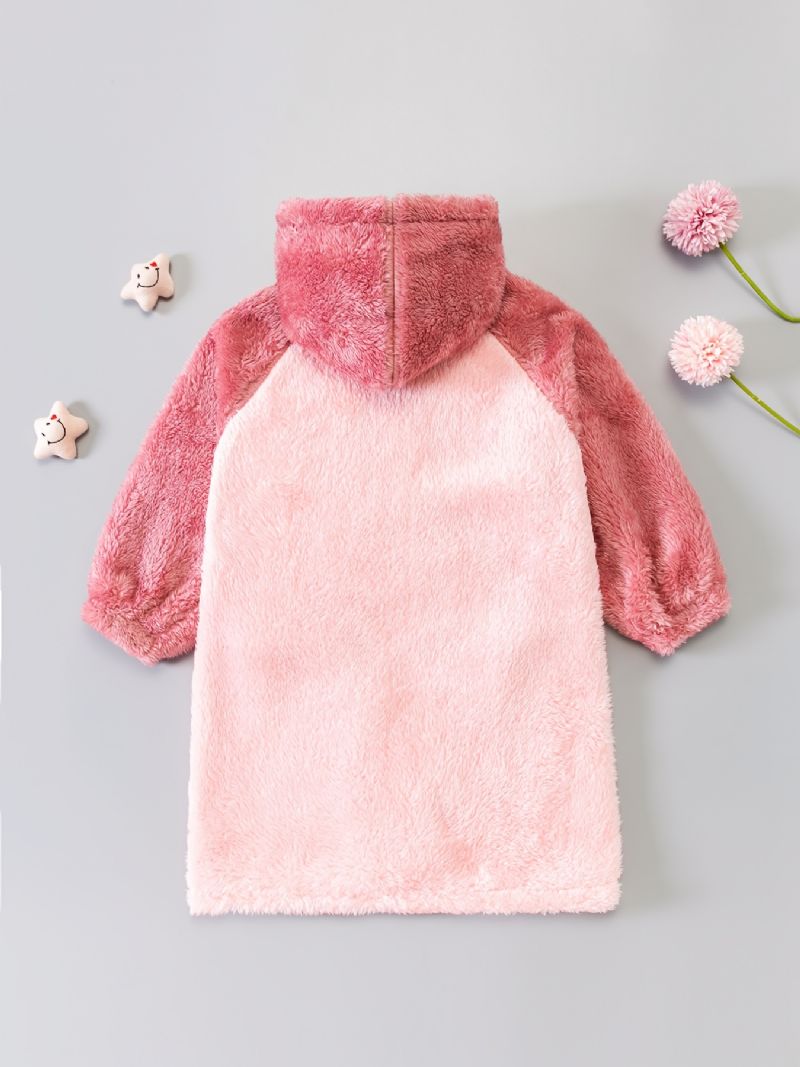 Babypiger Hætte Farveblok Badekåbe Jordbærknapper Pyjamas Coral Fleece Blødt Varmt Nattøj Vinter Børnetøj