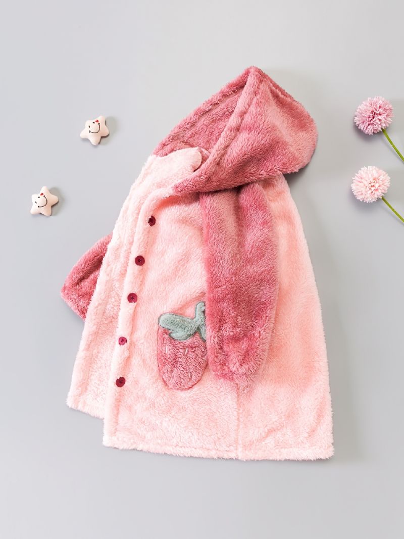 Babypiger Hætte Farveblok Badekåbe Jordbærknapper Pyjamas Coral Fleece Blødt Varmt Nattøj Vinter Børnetøj