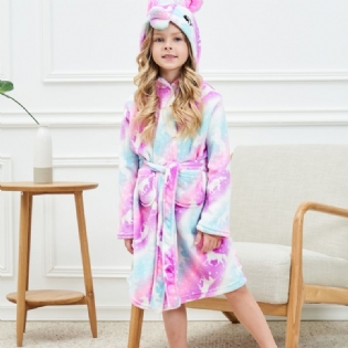 Babypiger Hættebadekåbe Pink Unicorn Blød Varm Flannel Pyjamas Vinter Børnetøj