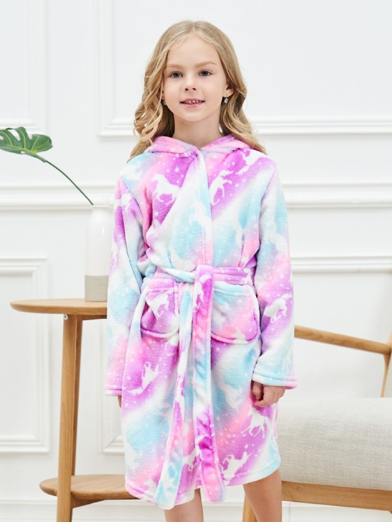 Babypiger Hættebadekåbe Pink Unicorn Blød Varm Flannel Pyjamas Vinter Børnetøj