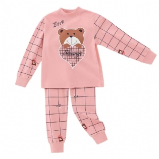 Babypiger Pyjamas Familieoutfit Bear Heart Print Rund Hals Langærmet Top & Plaid Bukser Sæt Børnetøj