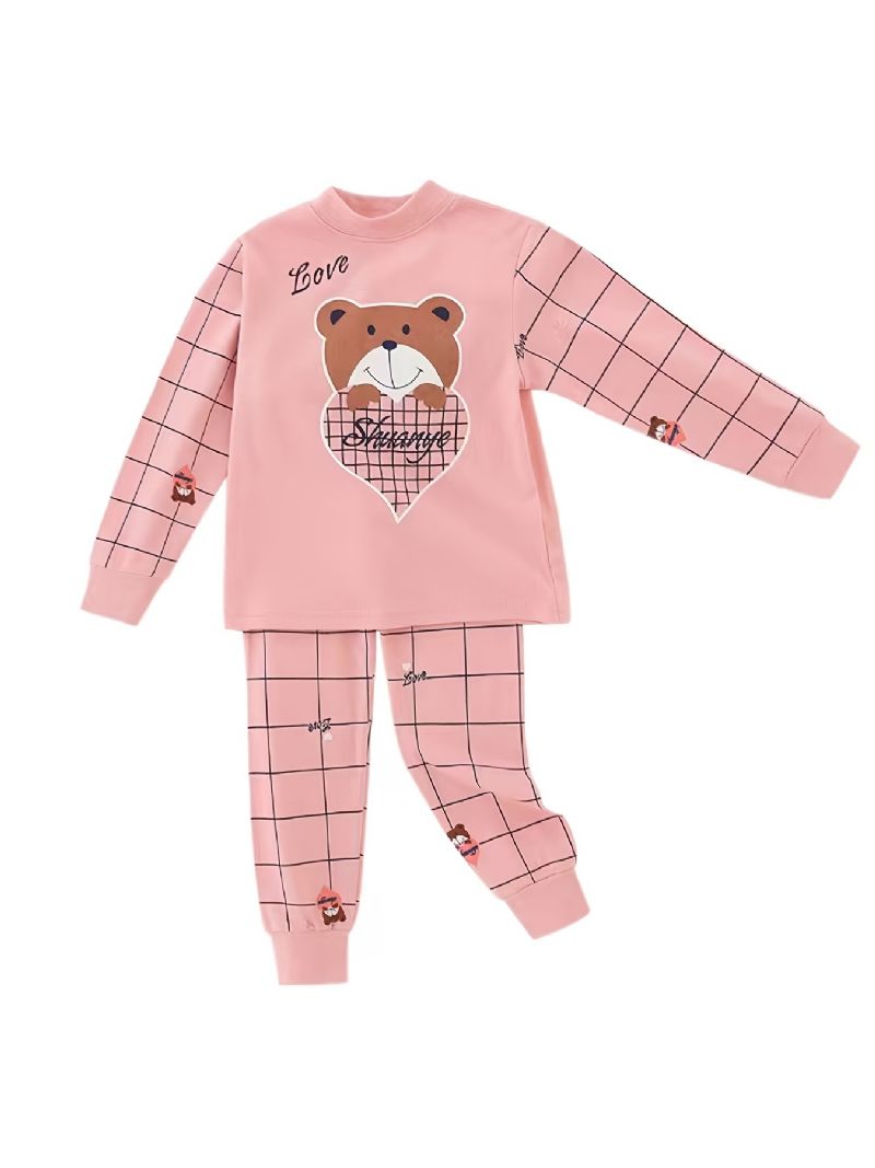 Babypiger Pyjamas Familieoutfit Bear Heart Print Rund Hals Langærmet Top & Plaid Bukser Sæt Børnetøj