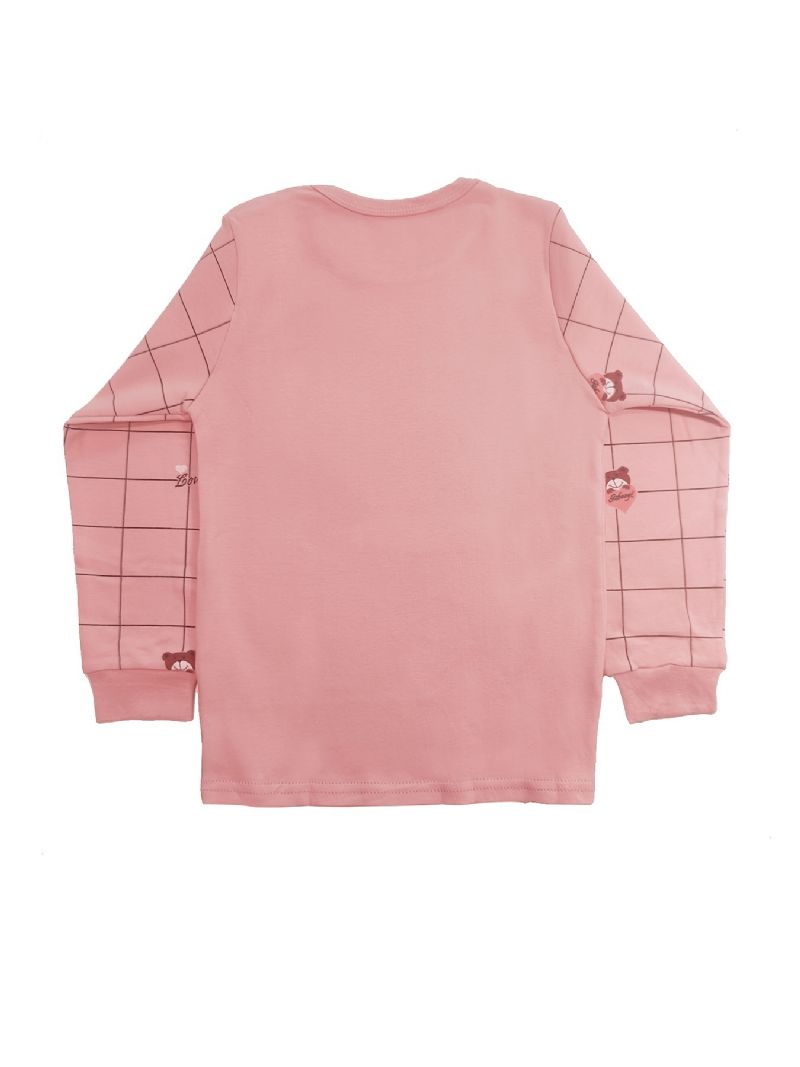 Babypiger Pyjamas Familieoutfit Bear Heart Print Rund Hals Langærmet Top & Plaid Bukser Sæt Børnetøj