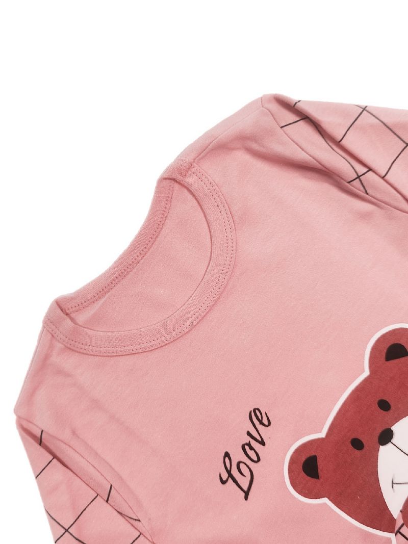 Babypiger Pyjamas Familieoutfit Bear Heart Print Rund Hals Langærmet Top & Plaid Bukser Sæt Børnetøj