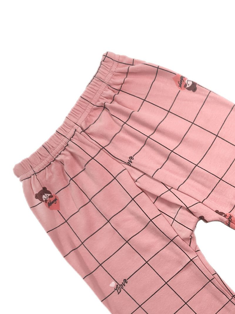 Babypiger Pyjamas Familieoutfit Bear Heart Print Rund Hals Langærmet Top & Plaid Bukser Sæt Børnetøj