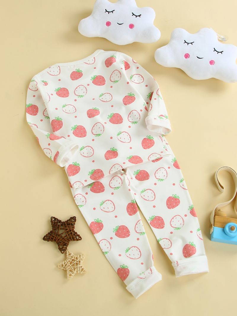 Babypiger Pyjamas Familieoutfit Jordbærprint Med Rund Hals Og Langærmet Top Og Buksesæt Børnetøj
