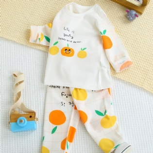 Babypiger Pyjamas Familieoutfit Orange Frugtprint Rundhalset Langærmet Top Og Buksesæt Børnetøj