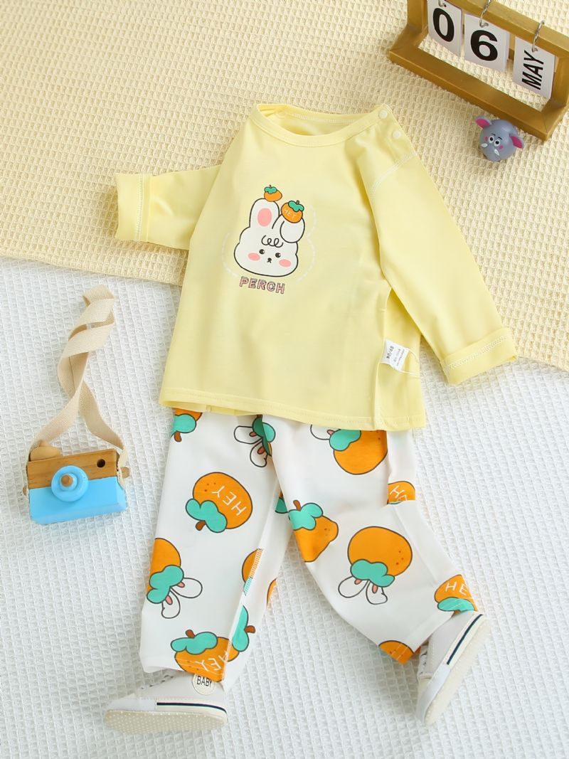 Babypiger Pyjamas Familieoutfit Sødt Kanintryk Med Rund Hals Og Langærmet Top Og Buksesæt Børnetøj