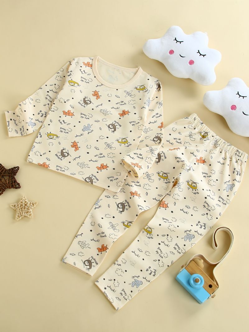 Babypiger Pyjamas Familieoutfit Tegneserieprint Med Rund Hals Og Langærmet Top Og Buksesæt Børnetøj