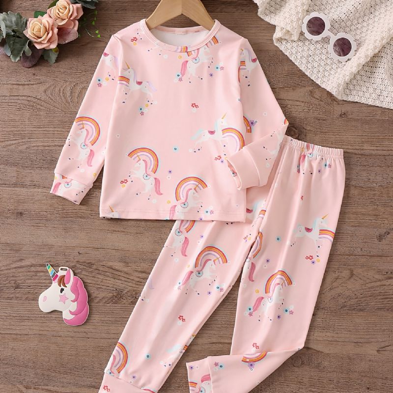 Babypiger Pyjamas Familieoutfit Unicorn Print Rundhalset Langærmet Top & Buksesæt Børnetøj