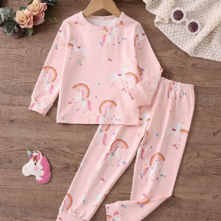 Babypiger Pyjamas Familieoutfit Unicorn Print Rundhalset Langærmet Top & Buksesæt Børnetøj