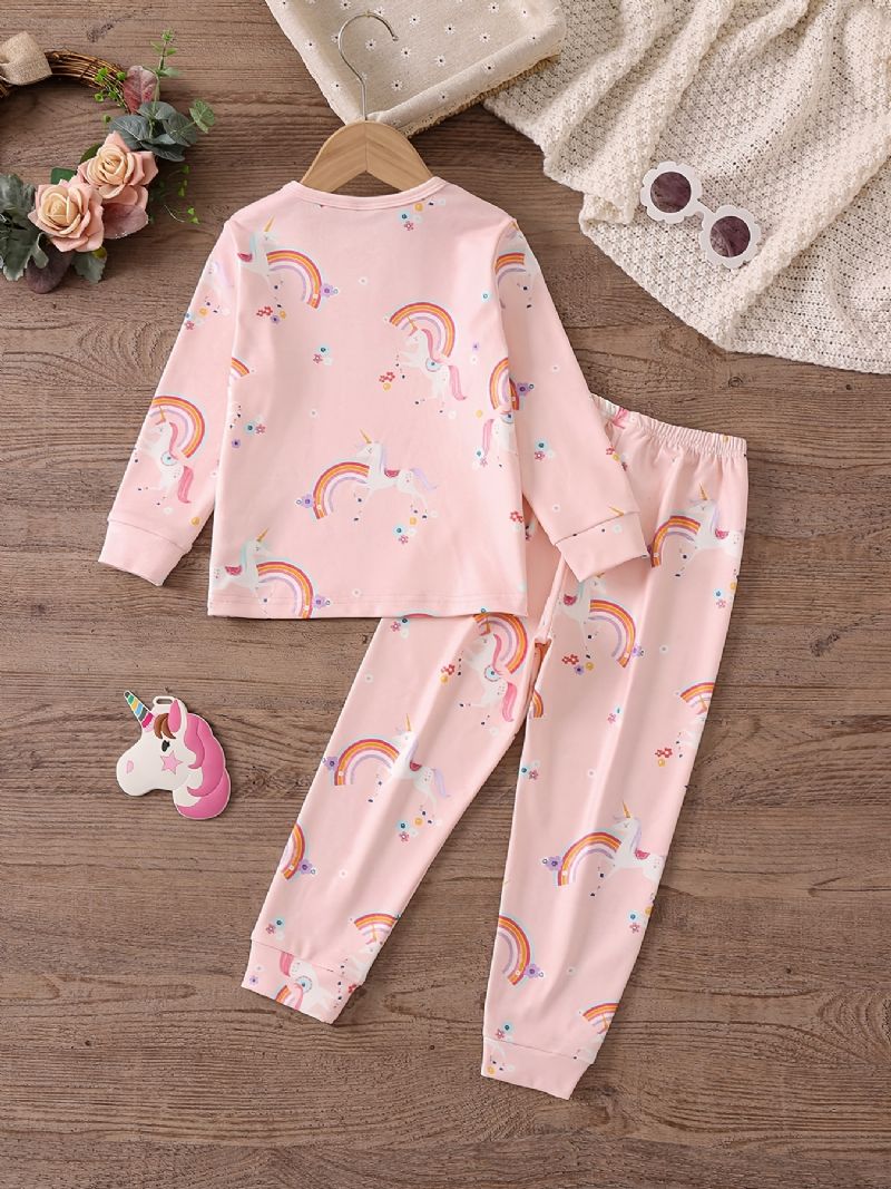 Babypiger Pyjamas Familieoutfit Unicorn Print Rundhalset Langærmet Top & Buksesæt Børnetøj
