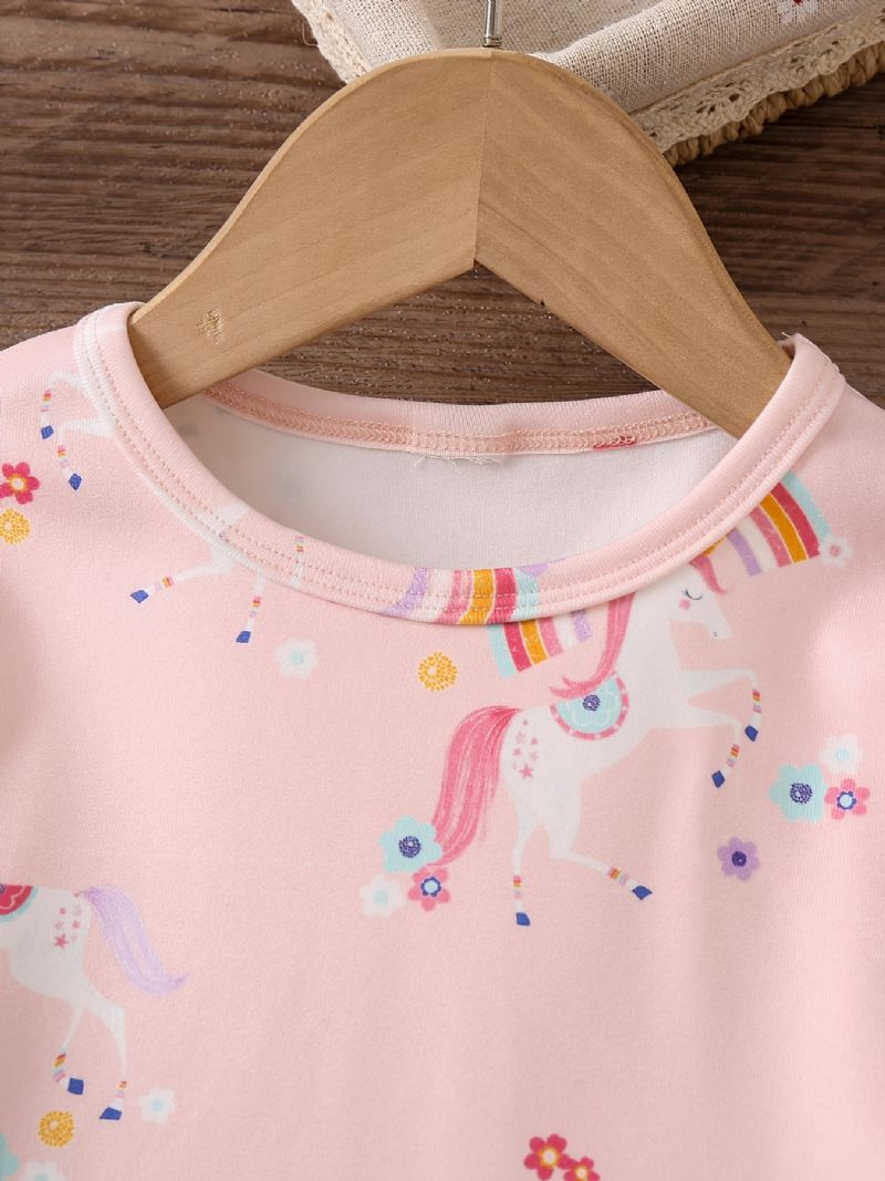 Babypiger Pyjamas Familieoutfit Unicorn Print Rundhalset Langærmet Top & Buksesæt Børnetøj
