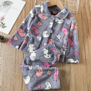 Babypiger Tykket Varm Flannel Pyjamas Familieoutfit Søde Dyr Med Langærmet Knap Top Og Bukser Sæt Børnetøj