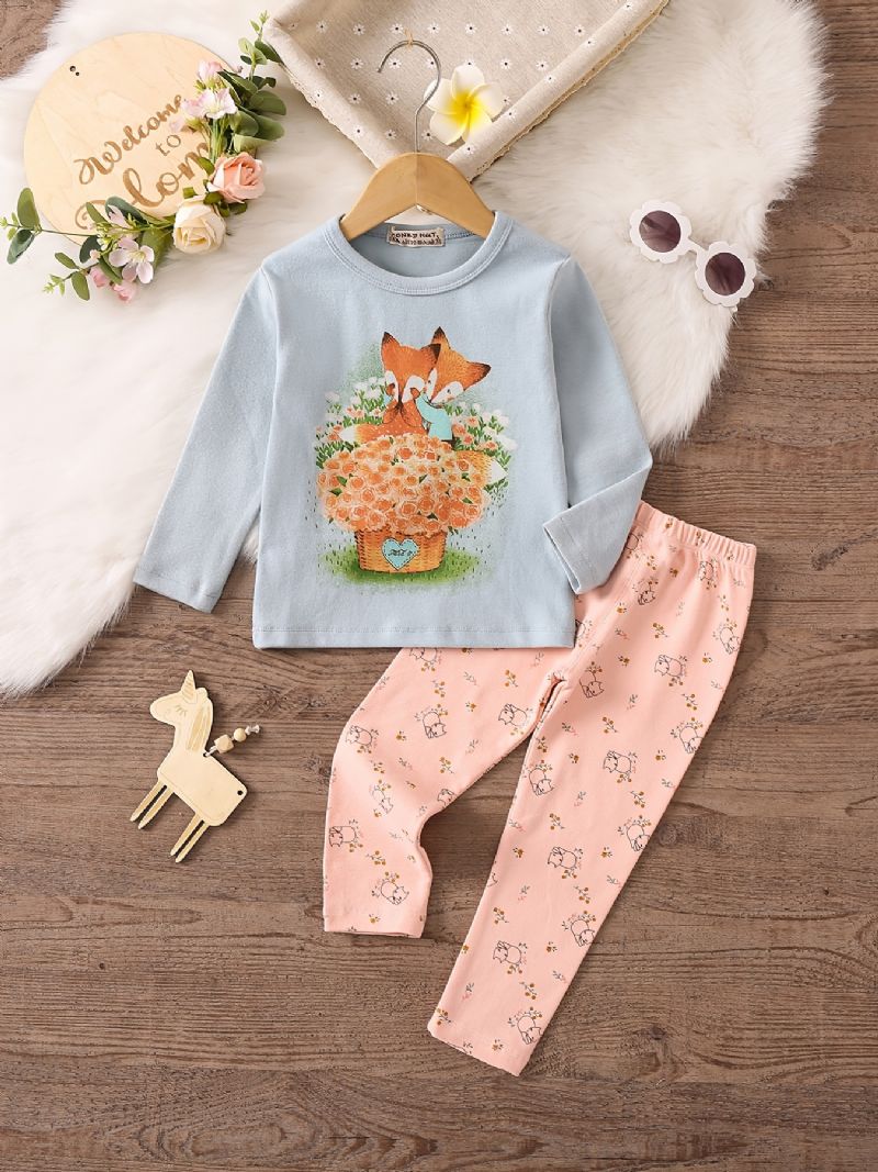 Babypyjamas Familieoutfit Dyreprint Med Rund Hals Og Langærmet Top Og Bukser Sæt Til Piger Børnetøj