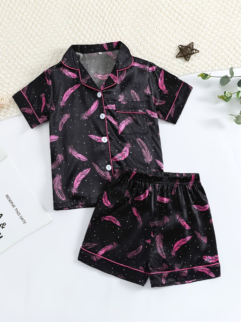 Børn Piger Kortærmet Pink Fjer Trykt Afslappet Pyjamas Sæt