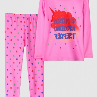 Børn Piger Pyjamas Pink Unicorn Print Rund Hals Langærmede Bukser Sæt