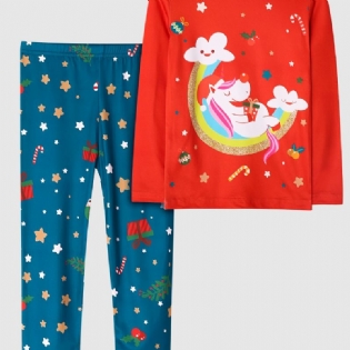 Børn Piger Pyjamas Unicorn Moon Print Rund Hals Langærmet Top & Bukser Sæt