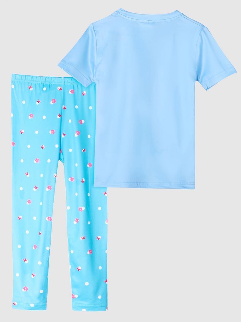 Børnepiger Pyjamas Blå Sommerfugleprint Med Rund Hals Kortærmet Top Og Bukser Børnetøjssæt