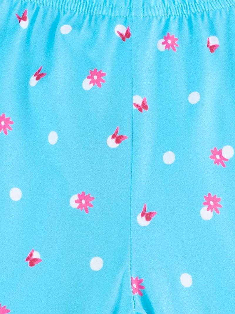 Børnepiger Pyjamas Blå Sommerfugleprint Med Rund Hals Kortærmet Top Og Bukser Børnetøjssæt