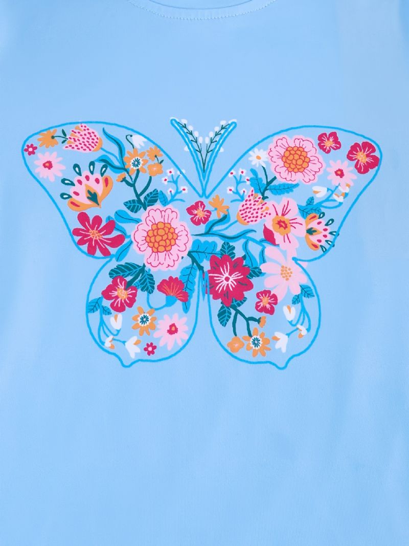 Børnepiger Pyjamas Blå Sommerfugleprint Med Rund Hals Kortærmet Top Og Bukser Børnetøjssæt