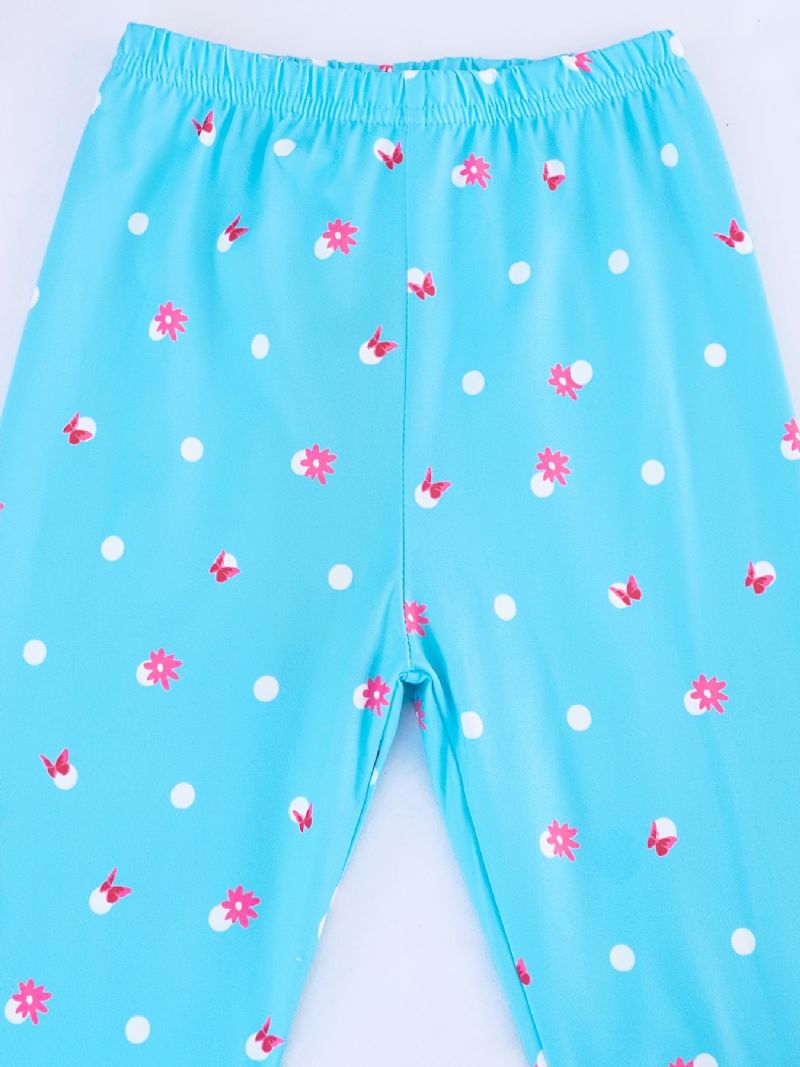 Børnepiger Pyjamas Blå Sommerfugleprint Med Rund Hals Kortærmet Top Og Bukser Børnetøjssæt