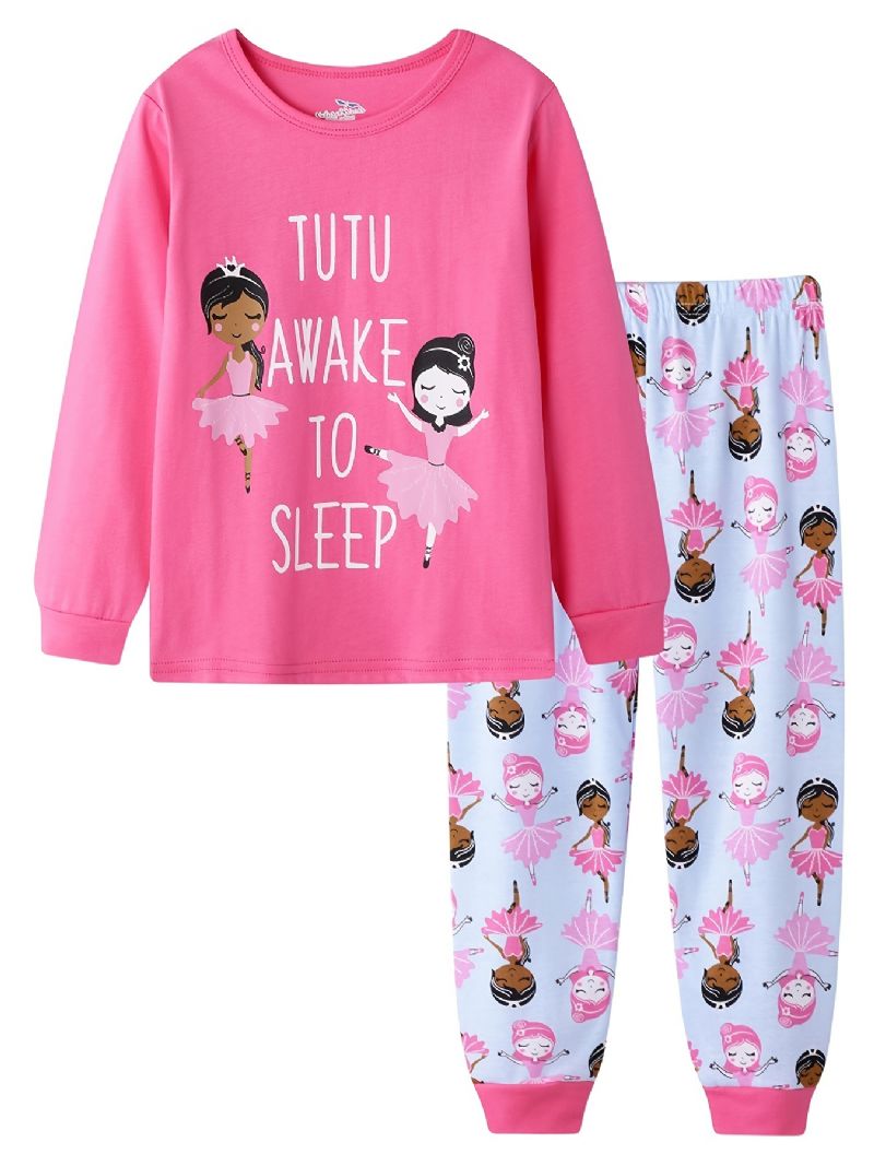 Børns Tegneserie Print Pyjamas Rund Hals Langærmet Top & Bukser Sæt Til Piger