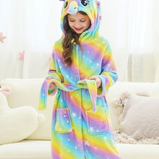 Enhjørning Flannel Badekåbe Med Hætte Til Piger Bright Rainbow Plys Varm Pyjamas Hjemmetøj Med Lomme Vinter