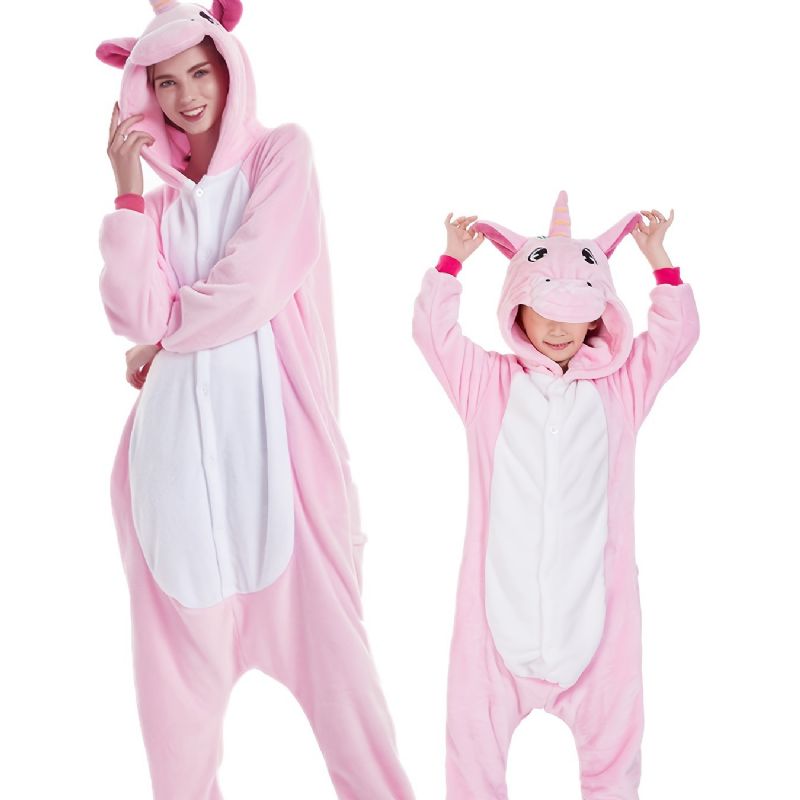 Flanell-pyjamas Med Hætte Til Børn Sødt Dyr Blødt Varm Lynlås Jumpsuit Cosplay-outfit Drenge Piger Vinter