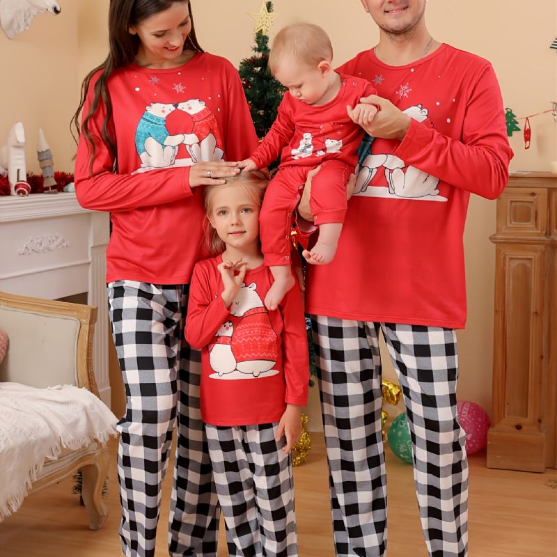 Jul Ny Børnefest Tegneserie Bjørn Rød Rund Hals Top Sort Plaid Bukser Pyjamas Sæt