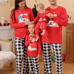 Jul Ny Børnefest Tegneserie Bjørn Rød Rund Hals Top Sort Plaid Bukser Pyjamas Sæt