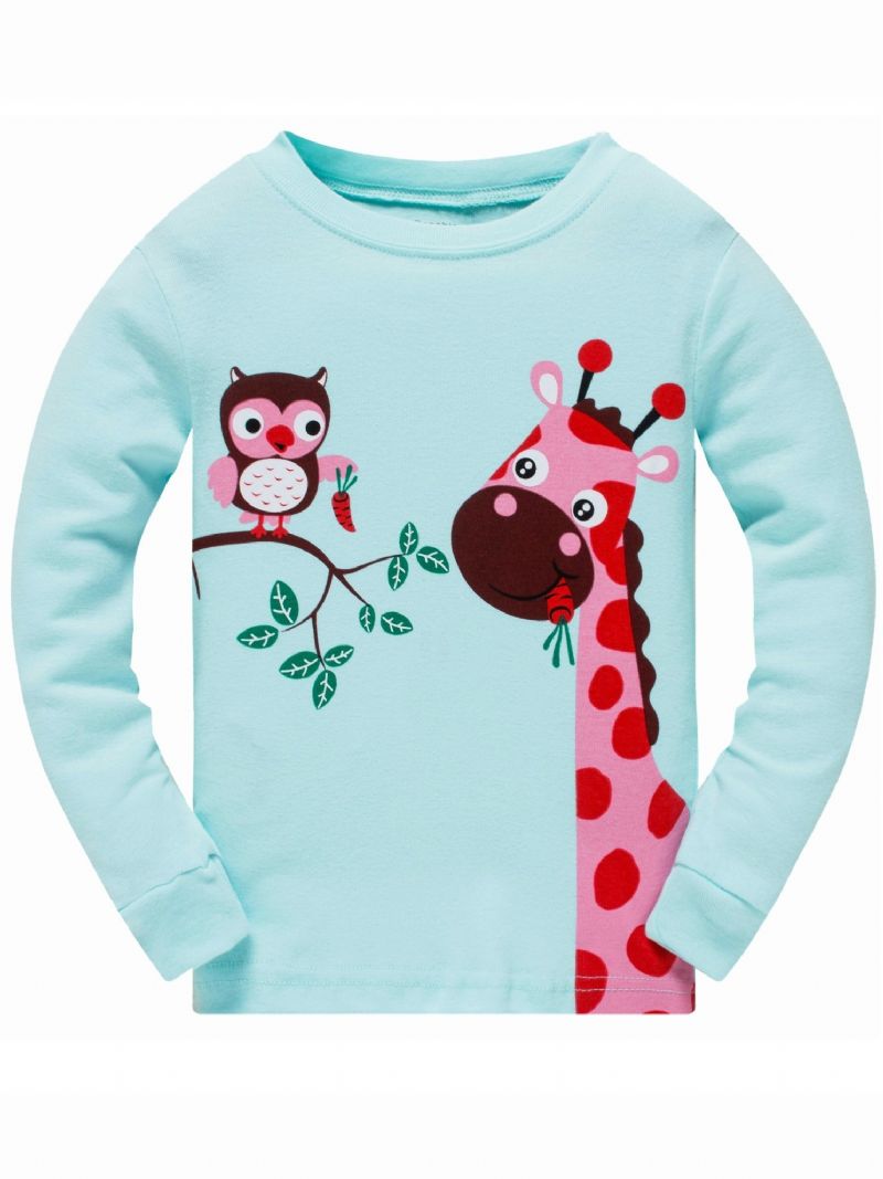 Juleprisklip Popshion 2stk Pigefarve Giraf Tegneserieugle Langærmet Pyjamas Bomuldsdragt