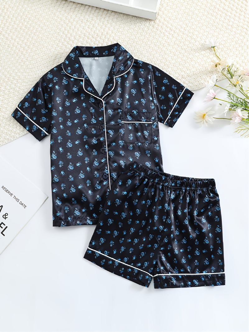 Kortærmede Piger Shorts Sort Stof Lille Blomsterprint Casual Pyjamas Todelt Sæt