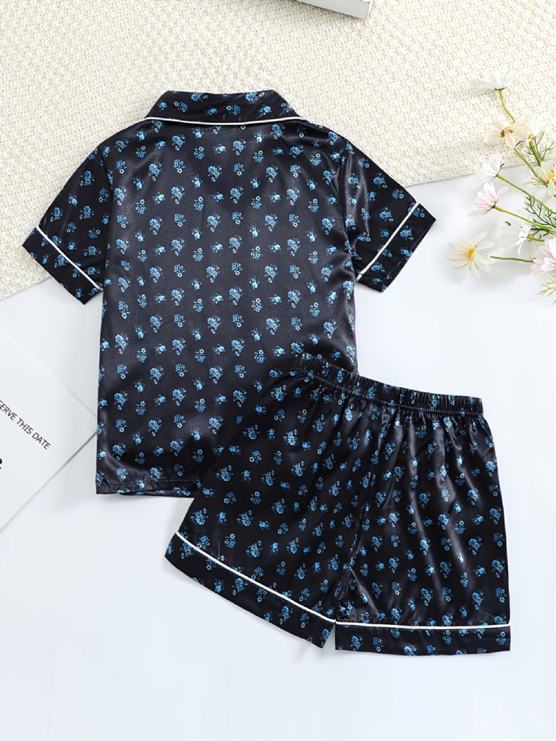Kortærmede Piger Shorts Sort Stof Lille Blomsterprint Casual Pyjamas Todelt Sæt