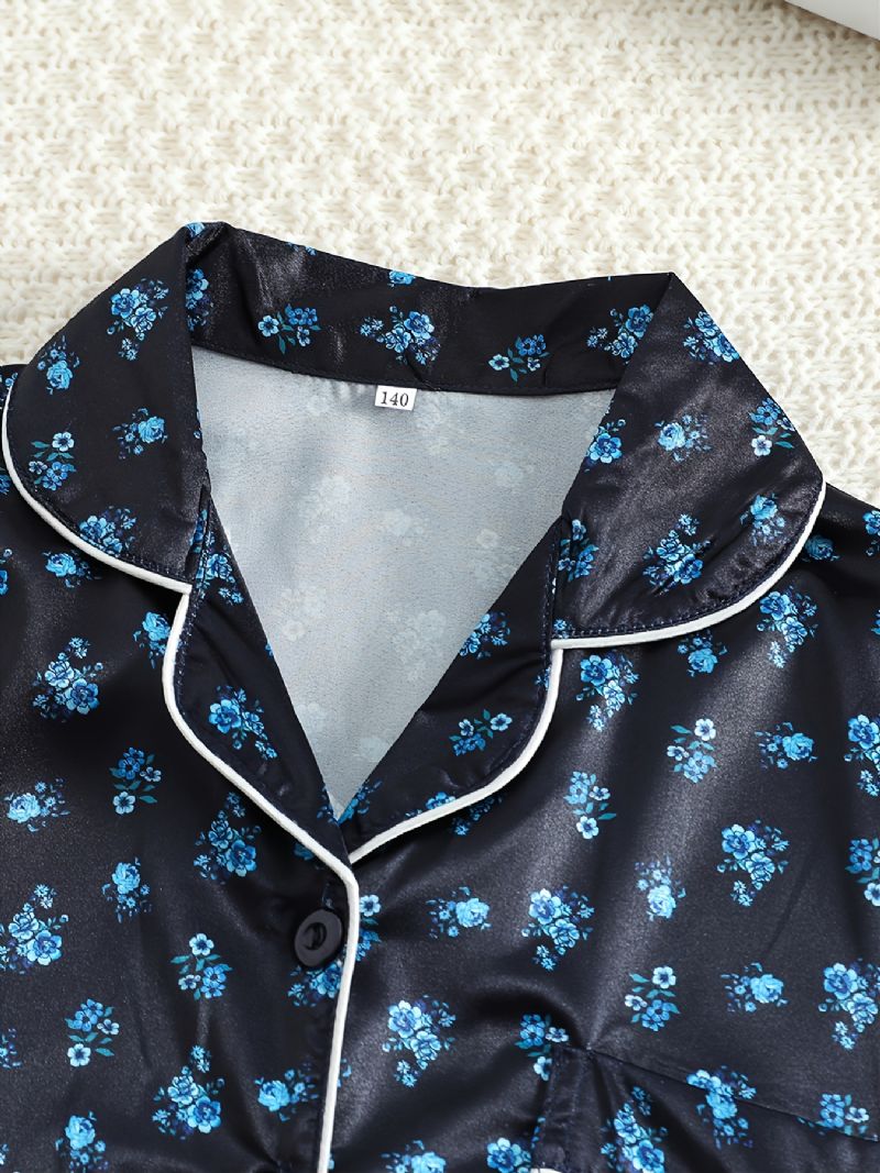 Kortærmede Piger Shorts Sort Stof Lille Blomsterprint Casual Pyjamas Todelt Sæt