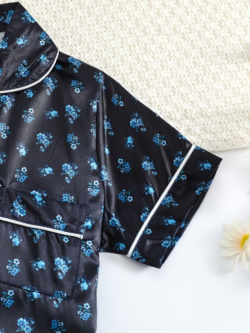 Kortærmede Piger Shorts Sort Stof Lille Blomsterprint Casual Pyjamas Todelt Sæt