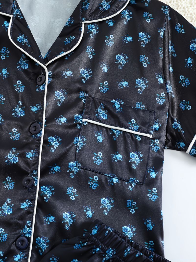 Kortærmede Piger Shorts Sort Stof Lille Blomsterprint Casual Pyjamas Todelt Sæt