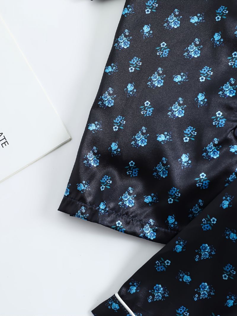 Kortærmede Piger Shorts Sort Stof Lille Blomsterprint Casual Pyjamas Todelt Sæt