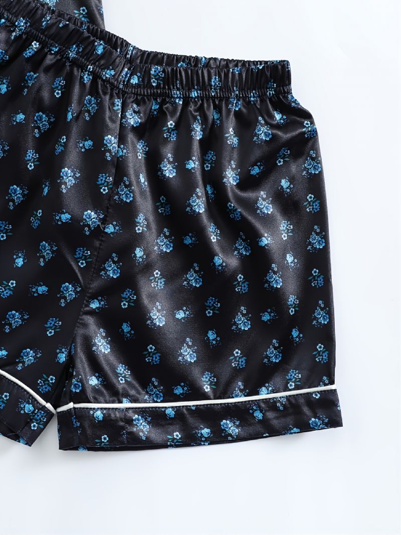 Kortærmede Piger Shorts Sort Stof Lille Blomsterprint Casual Pyjamas Todelt Sæt