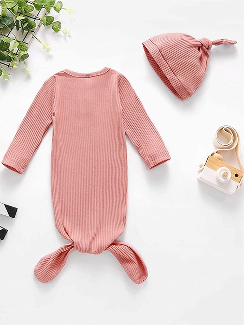 Nyfødt Babypige Pyjamas Ensfarvede Langærmede Trøjer Og Hattesæt
