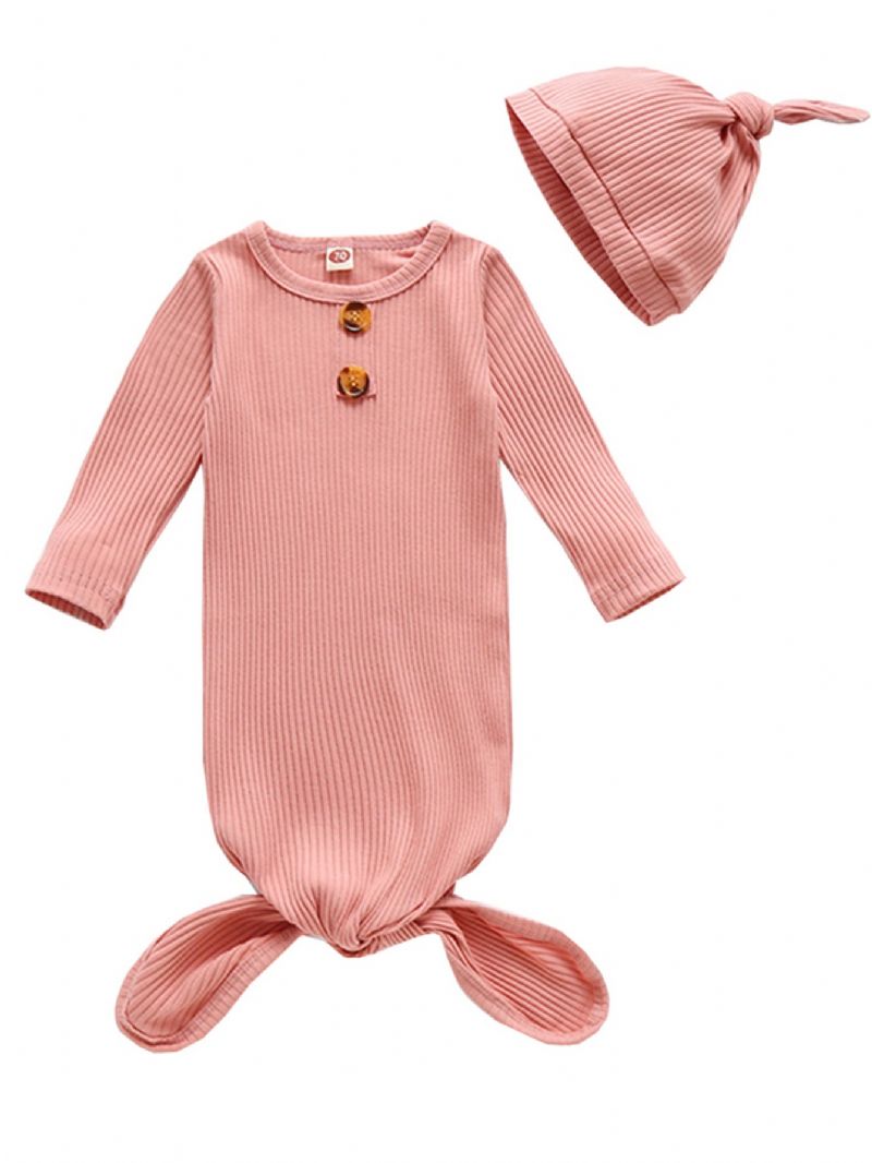 Nyfødt Babypige Pyjamas Ensfarvede Langærmede Trøjer Og Hattesæt