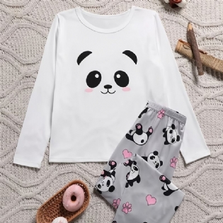 Panda Print Langærmet Top + Bukser Pyjamas Sæt Børnetøj