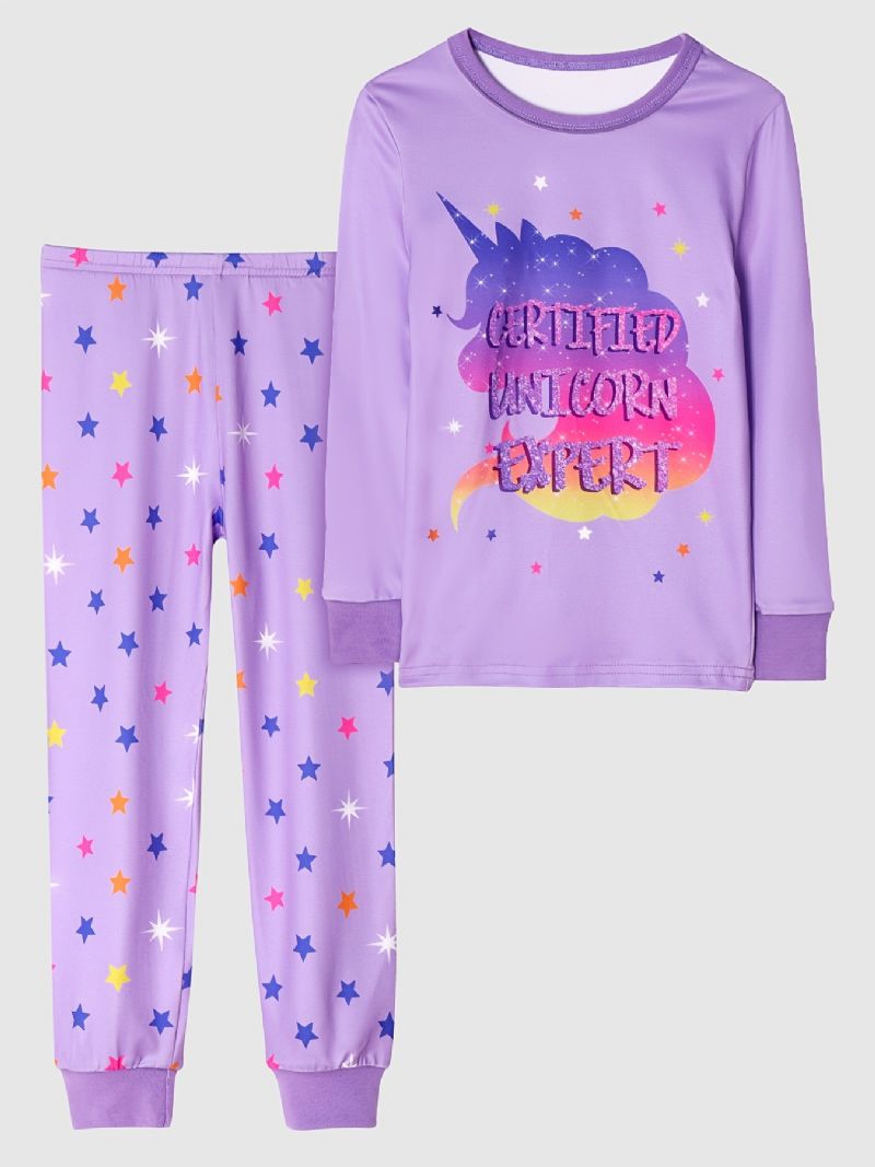 Piger Afslappet Lilla Tegneserie Pyjamas Sæt Med Enhjørning Bogstavtryk Langærmet T-shirt Og Bukser Med Stjernetryk