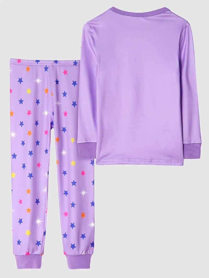 Piger Afslappet Lilla Tegneserie Pyjamas Sæt Med Enhjørning Bogstavtryk Langærmet T-shirt Og Bukser Med Stjernetryk