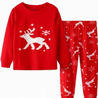 Piger Afslappet Tegneserie Elg Trykt Ensfarvet Bomuld Pyjamas Sæt Til Jul
