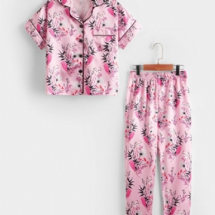 Piger Blomstermønster Knap Foran Satin Pyjamas Sæt