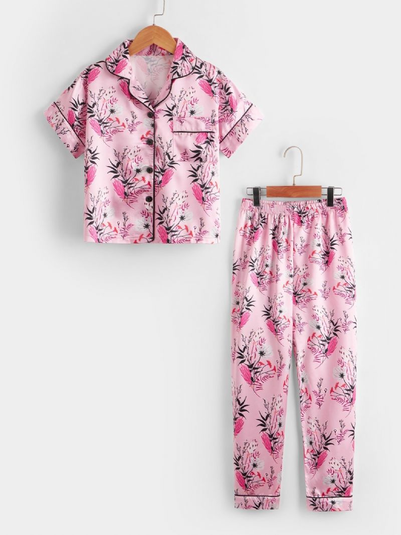 Piger Blomstermønster Knap Foran Satin Pyjamas Sæt
