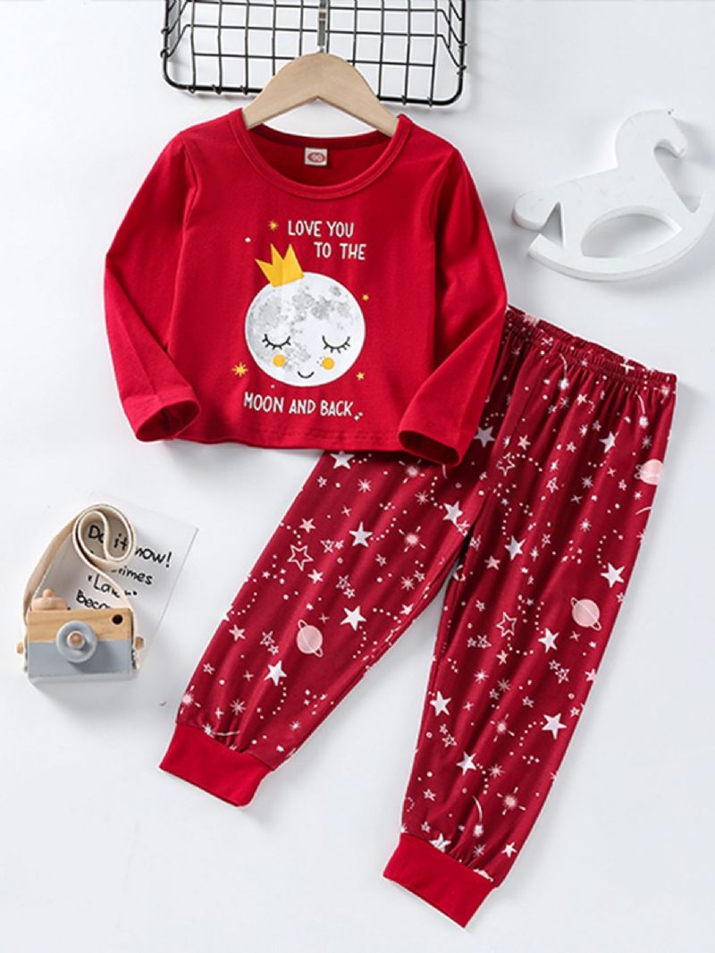 Piger Blomsterprint Planet Print Langærmede Bukser Pyjamas Sæt