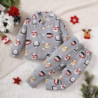 Piger Casual Cartoon Print Pyjamas Sæt Med Reversskjorte Og Bukser Til Julefest