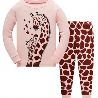 Piger Casual Giraffe Print Pyjamas Sæt Med Toppe & Bukser Børnetøj Til Hjemmet